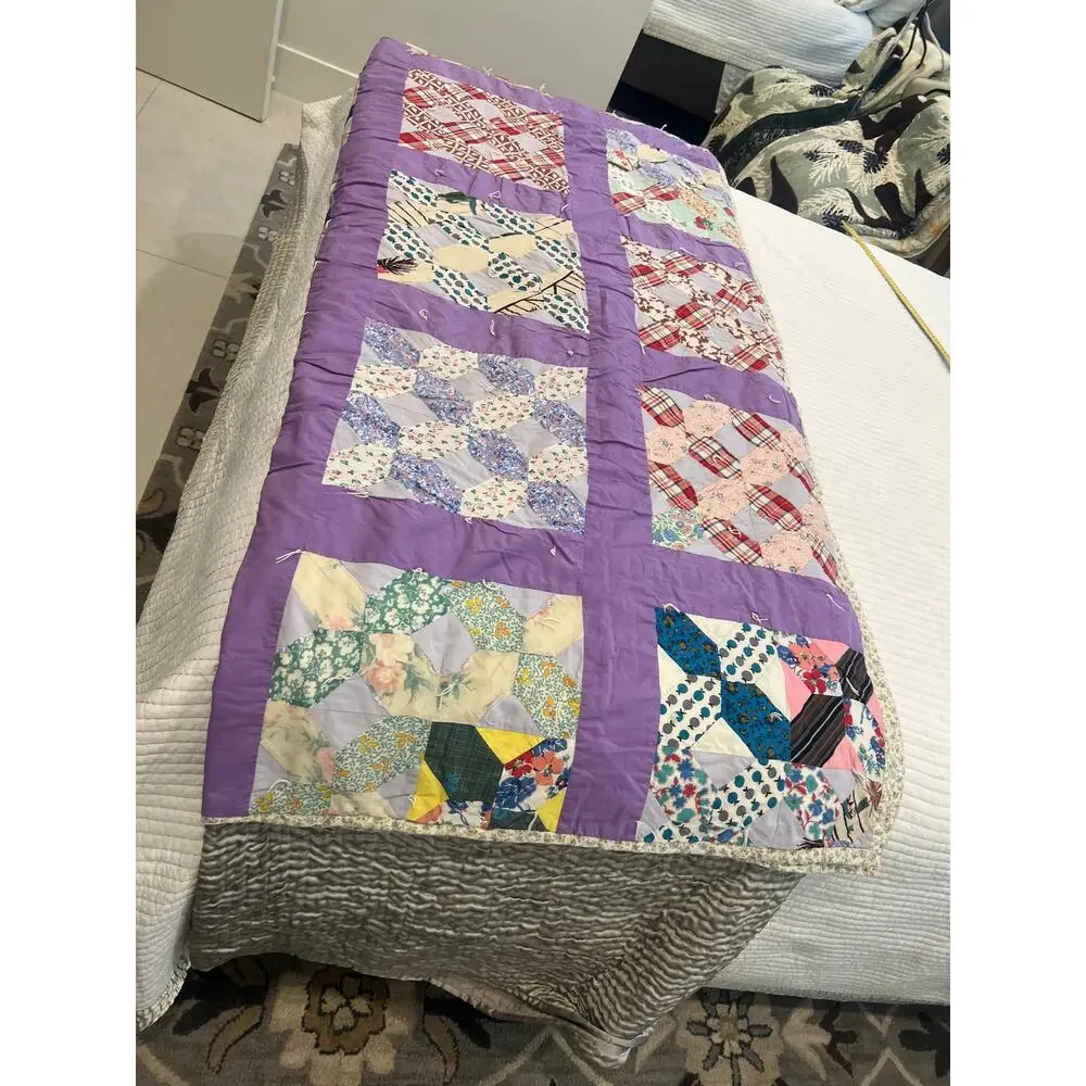 vintage 60-70's handmade patchwork quilt blanket twin size cottage core 6X5
